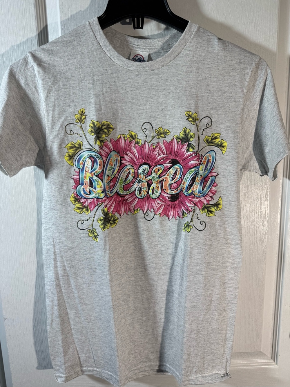 Delta "Blessed" Graphic Tee in Heather Gray with Pink Flowers